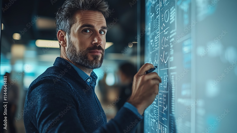 Poster focused professional analyzing data trends on interactive touchscreen display in modern office setti