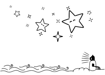 The wavy sea and the shining stars on the lighthouse