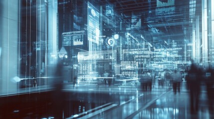 A high-tech image featuring glowing data grids, pie charts, and financial diagrams floating over a blurred background of busy offices and trading floors, 16:9