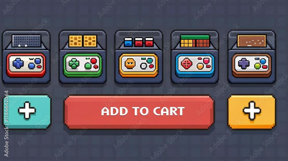 Poster a nostalgic online marketplace with a dark gray background showcasing rows of colorful pixel art as 