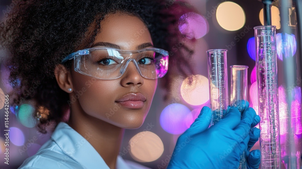 Aufkleber scientist in lab with test tubes and colorful background.