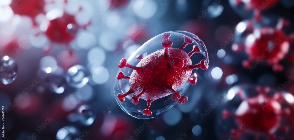 Poster microscopic view of a virus, showcasing its structure and surrounding particles. this detailed image