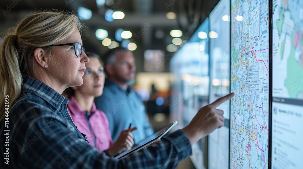 Poster professional team analyzing data and maps on large screens in modern office environment, showcasing 