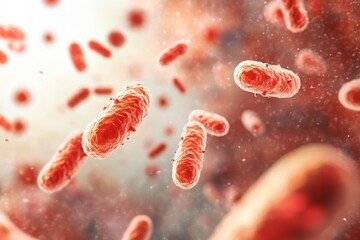 Fototapeta premium Microscopic image of bacteria in vibrant red hues, showcasing the complexity of microbial life and its significance in various ecosystems.