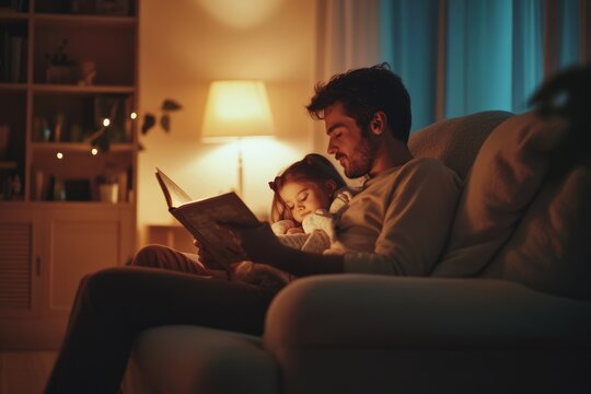 A father reads a bedtime story to his daughter, creating a warm and loving moment.
