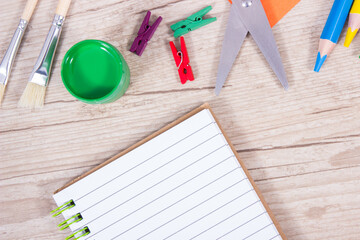 Notebook for notes and stationery accessories for learning at school or preschool. Development of creativity, coordination and kids motor skills