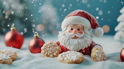 Christmas xmas or St. Nicholas Day celebration holiday greeting card - Christmas cookies and santa claus decoration and ornaments in snow, with snowy blue landscape in the background (Generative Ai)