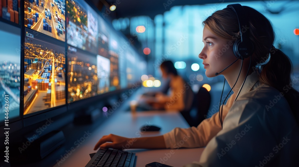 Poster female operator monitors multiple screens in a modern control room with data visualization and citys