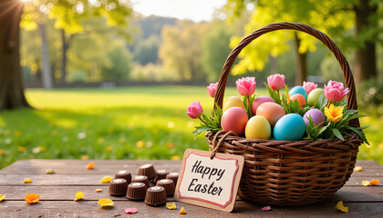 Happy Easter text Easter basket with eggs and chocolates on spring picnic table.