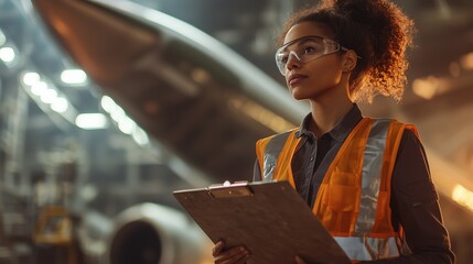 Professional Female Engineer in Safety Gear Holding Clipboard Inside Aircraft Hangar with Airplane in Background and Focused Expression