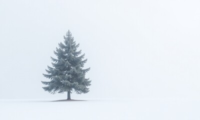 Fototapeta premium Lone evergreen tree snowy field minimalist winter landscape