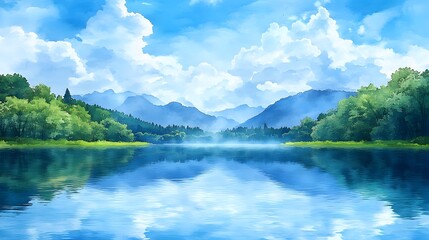 Watercolor painting of a serene river flowing through a green valley under a clear blue sky for World Water Day