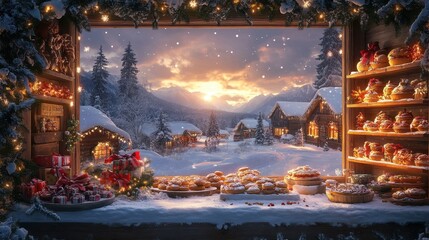 Festive christmas bakery display cozy winter cabin culinary showcase snowy landscape warm interior holiday spirit and joy