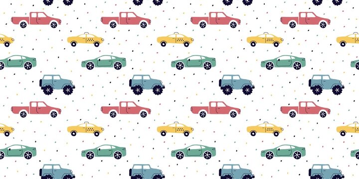 Seamless pattern with hand drawn cars, signs, dotss. Cartoon background for print, children, paper, print . trending art illustration