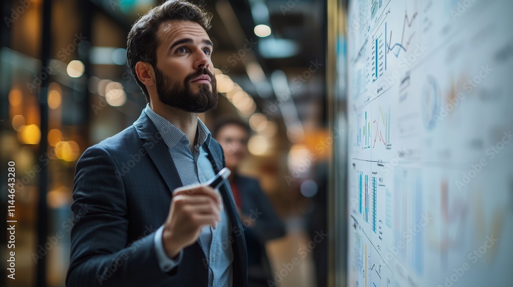 Poster professional man analyzing data on a presentation board in a modern office setting, focusing on grow