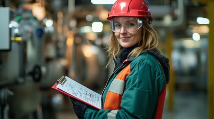 Professional woman in safety gear holding clipboard, smiling confidently in industrial setting, showcasing teamwork and efficiency in modern workplace environment