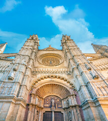 The imposing facade of the gothic cathedral (la seu) of Palma de Mallorca, Balearic Islands, Spain