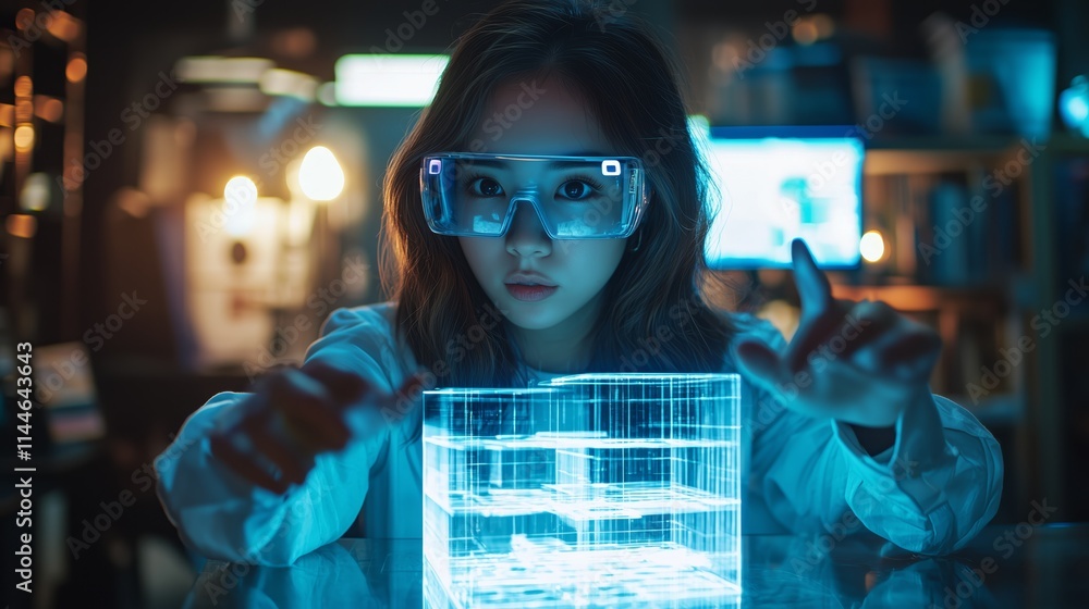 Poster futuristic scientist in laboratory using augmented reality to manipulate 3d holographic model of dat
