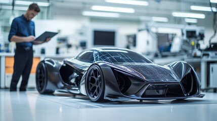 Fototapeta premium Futuristic Automotive Concept with Solar Technology in High-Tech Workshop Featuring Engineer Focusing on Innovative Design and Sustainability Solutions