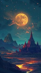 Fototapeta premium Captivating moonlit fantasy landscape with a magical castle ruin set against a dramatic sky filled with stars clouds and a glowing moon creating an enchanting and otherworldly atmosphere