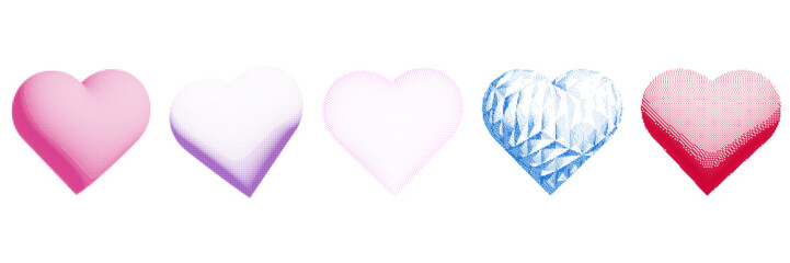 Set of colored 3D hearts in halftone style. Trendy elements for collage, poster, design. Vector graphics isolated on white background.