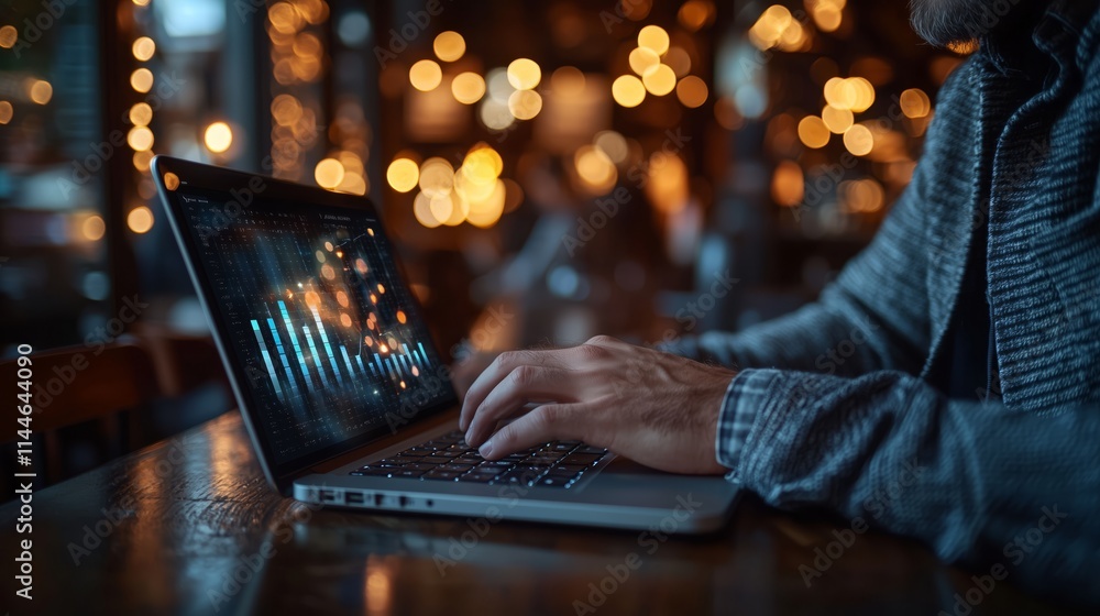 Poster business professional analyzing data trends on laptop in cozy café with blurred warm lights creating