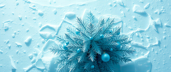 Abstract Winter Composition with Frosty Pine and Blue Ornaments