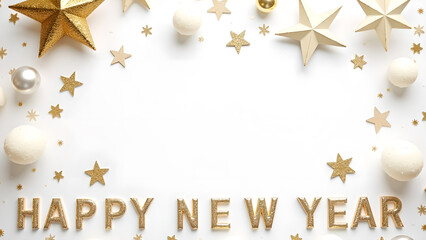 Happy New Year golden letters with decoration. Celebration, and holiday concept.