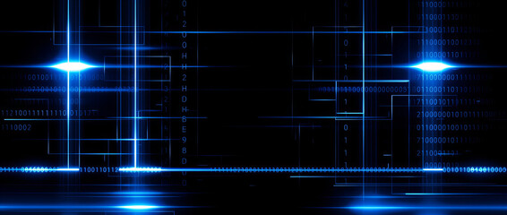Futuristic digital blue background with binary code, glowing light streaks, and curved lines.