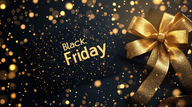 Black and gold background with a golden ribbon bow on the right side, text "Black Friday" in the center of the banner, shiny lights with golden light.