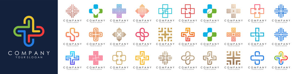 set of Medical Cross logo design template set. Isolated plus icon symbols for hospital, ambulance, pharmacy. Vector collection of health care emblems, signs, badges.