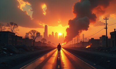 Post apocalyptic cityscape lone figure on destroyed road