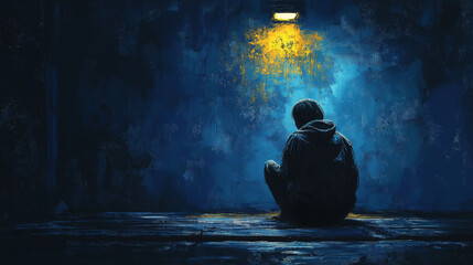 Lonely Person Sitting Alone in Dark Space