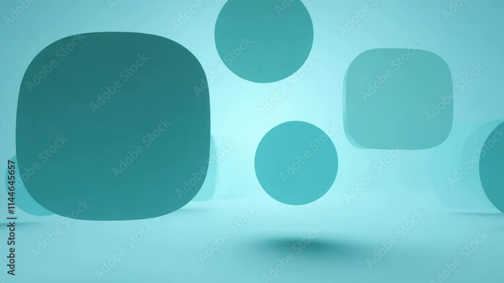 Poster serene video of cool blues and greens with floating rectangles and cylinders gently oscillating for 