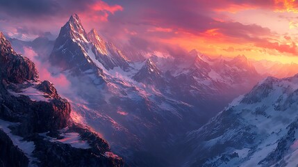 A wide-angle view of a rugged alpine ridge, the last light of the day illuminating the rocky terrain and distant snow-capped mountains under a colorful sunset sky 