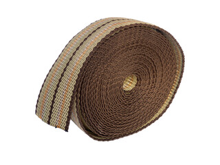 Polyester webbing tapes. Brown and beige tape made from polypropylene. Durable strap isolated on white background