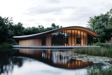 Fototapeta premium Elegant Curved Roof Building, Seamless Integration with Nature, Minimalist Modern Design, Reflective Lake Silhouette, Cinematic Lighting Architecture,Suitable for automotive scenarios ﻿