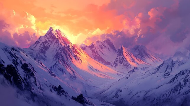 Majestic alpine mountains with a stunning sunset sky, soft pastel colors of orange and purple casting shadows over the snow-covered slopes and rocky ridges 