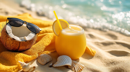 Coconut with sunglasses and seashells on a sandy beach, under a clear summer sky