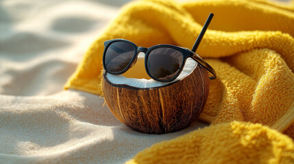 Coconut drink with sunglasses and seashells on a sandy beach, with a yellow towel