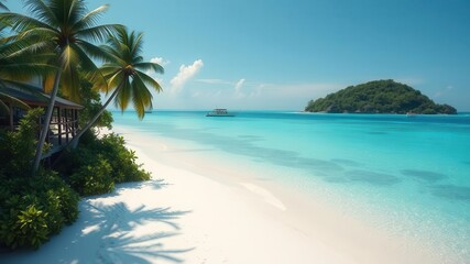 Fototapeta premium A stunning view of a pristine white sand beach with crystal clear turquoise waters and lush tropical greenery, property, serene