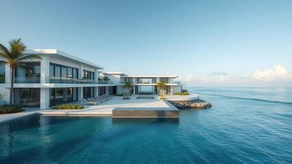Obraz premium A stunning ocean front property with modern architecture, breathtaking views, and a private beach access, waves, rental
