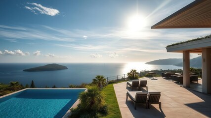 Fototapeta premium Idyllic oceanfront property featuring a luxurious villa with stunning panoramic views of the sea and surrounding landscape, relaxation, villa