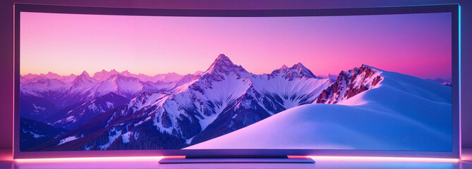 Pink neon screen mockup with snowy mountain peaks at sunset