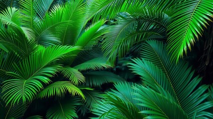 Tropical palm leaves in vibrant green hues, with intricate patterns and textures, jungle, tropical