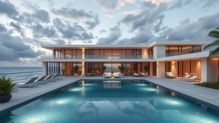 Fototapeta premium Modern luxury beachfront property with stunning ocean views, sleek architecture, and high-end amenities, vacation, elegant