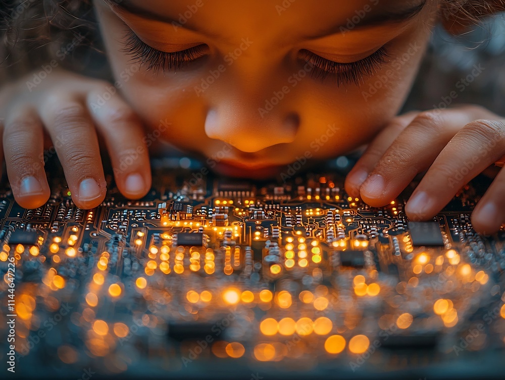 Poster child s hands assembling electronics circuit board learning tech innovation concept