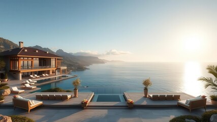 Fototapeta premium Luxurious oceanfront property with stunning coastal architecture showcasing panoramic views of the sea and surrounding landscapes, ocean front, seaside