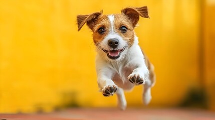 A small dog is jumping in the air and he is happy