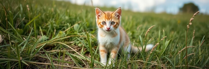 Young cat sitting in a lush meadow, gazing up at the sky in Italy, curious, nature, grass